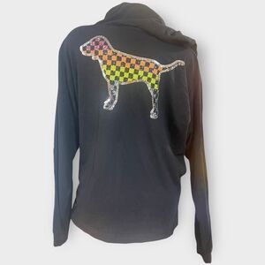 Victoria's Secret PINK Lg Checkered Bling Pup Hooded Tee Black GUC